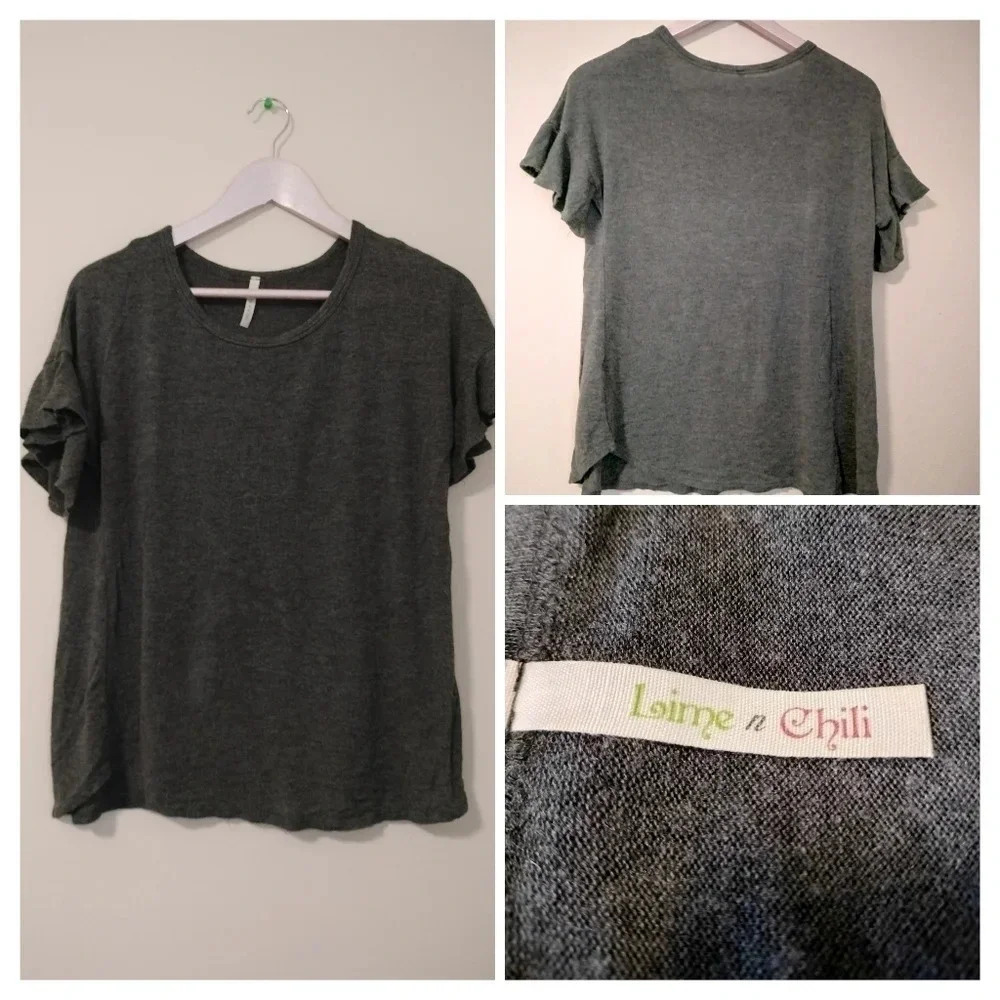 Lime n Chili SMALL Gray Flutter Short Sleeves Round Neckline Lightweight Rayon